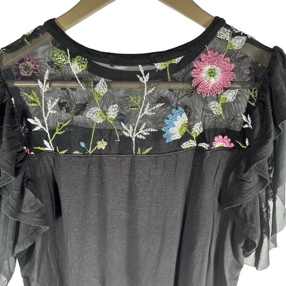 Women's | Kim & Cami | Black Embroidered Floral Butterfly Sleeve Sheer Top - Picture 3 of 8